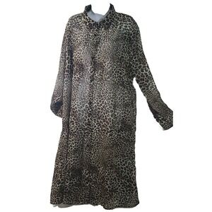 Seagoo 3X Sheer Leopard Print Long Sleeve Button Down Coverup Beachy Shirt Dress